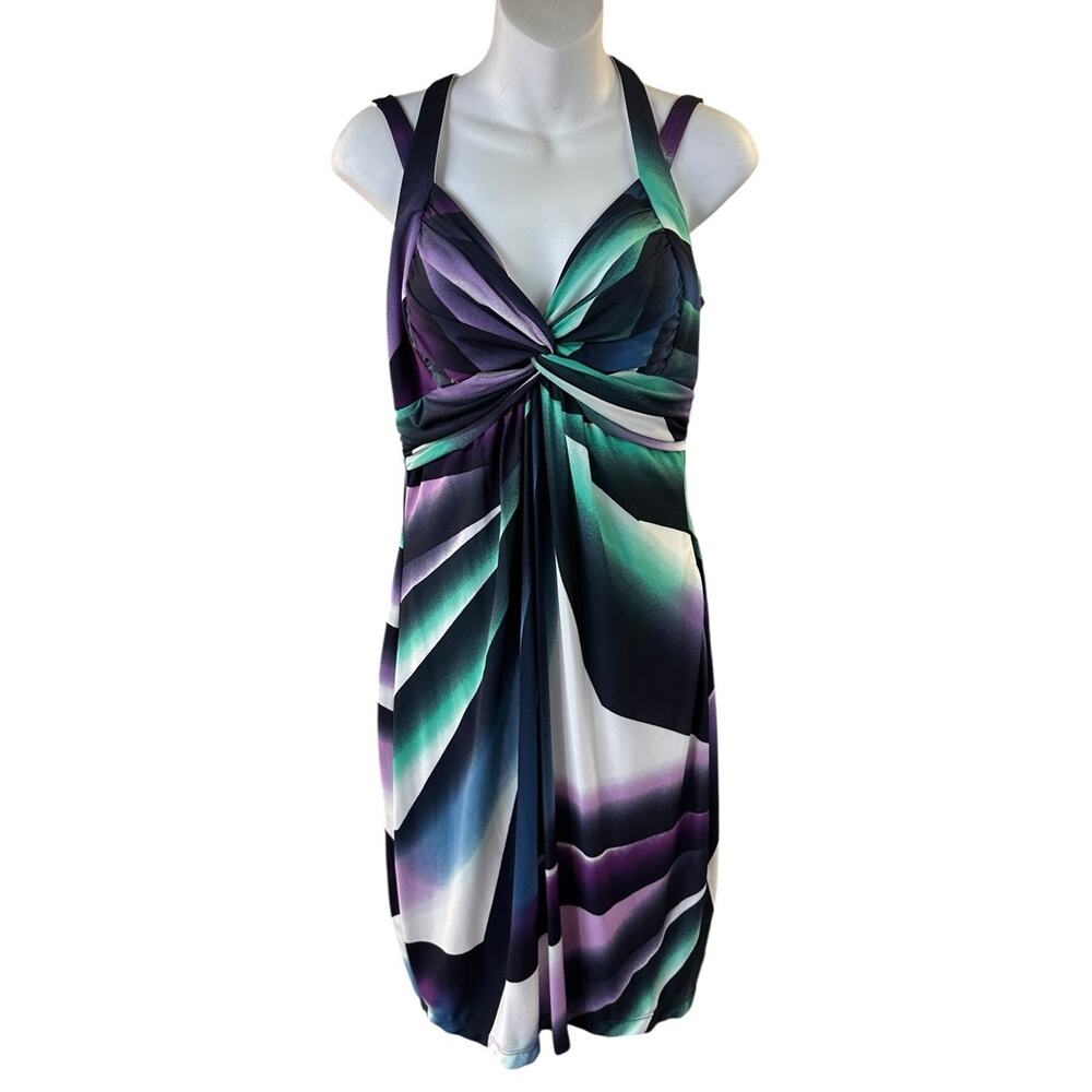 Cache Ruched Twist Halter Dress Draped Abstract Print Purple Green Y2K Sz 12